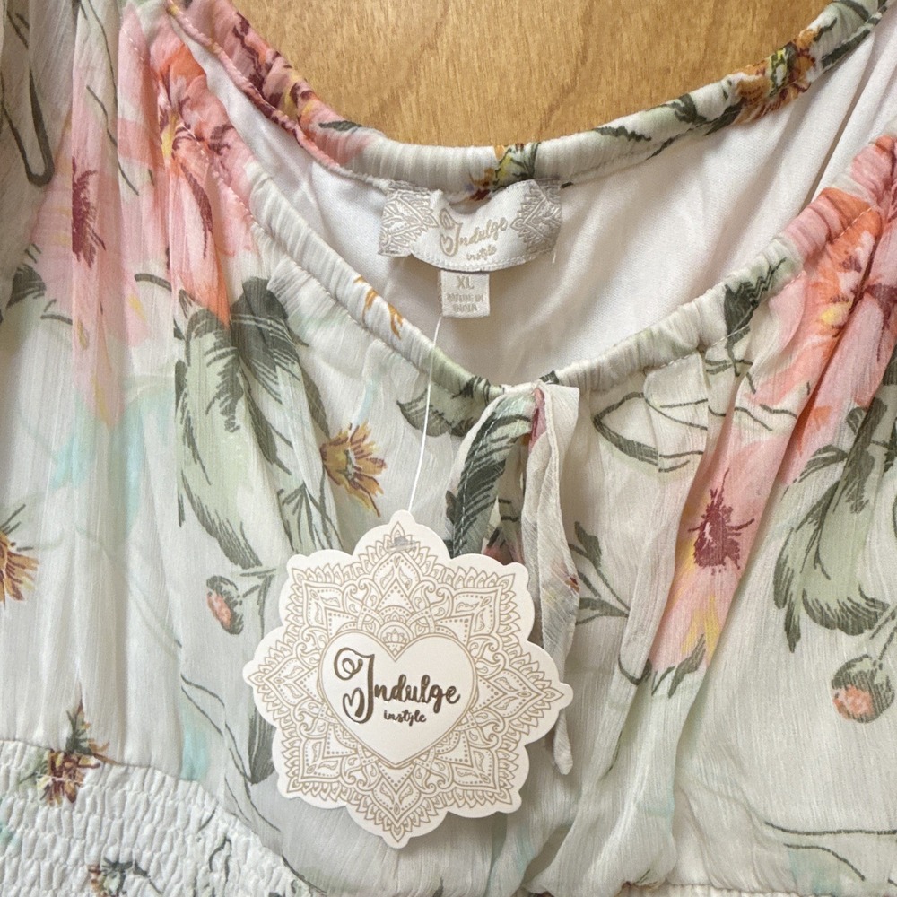 Indulge Women's Floral Smocked Puff Sleeve Ruffle Mini Dress XL White Pink NWT - Picture 3 of 10